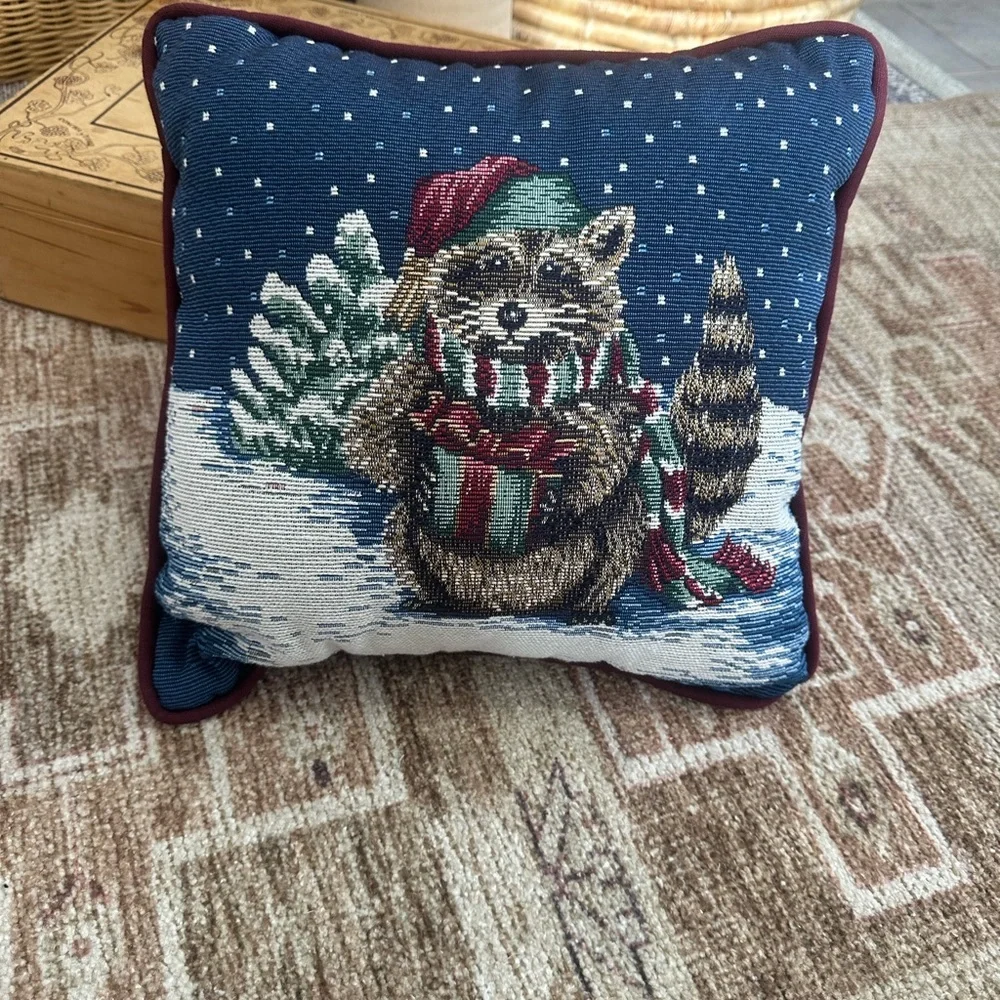 Vintage Tapestry Winter Raccoon Pillow Christmas Festive Holiday Throw Pillow
